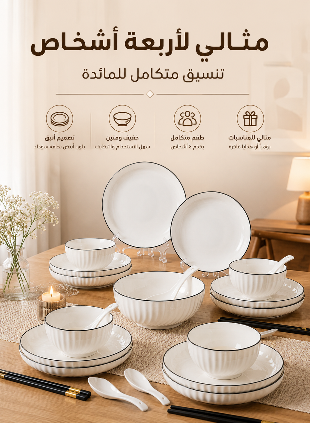 16 Piece Dinnerware Set for 4, Ceramic Rice Bowls and Plates Set of 4, 4.5 Inch Black Rim Rice Bowls with Wave Pattern, 7 Inch Salad Plates with Black Line Design, Spoon and Chopstick Set for Asian Style Kitchen – Microwave and Dishwasher Safe