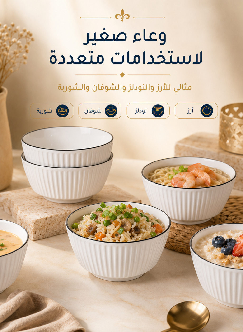 4.5-inch ceramic bowl set (6 pieces), 380ml small bowls, American-style vertical stripe pattern, black rim, suitable for serving rice, noodles, oatmeal, etc., dishwasher and microwave safe—a ceramic bowl set for everyday use.