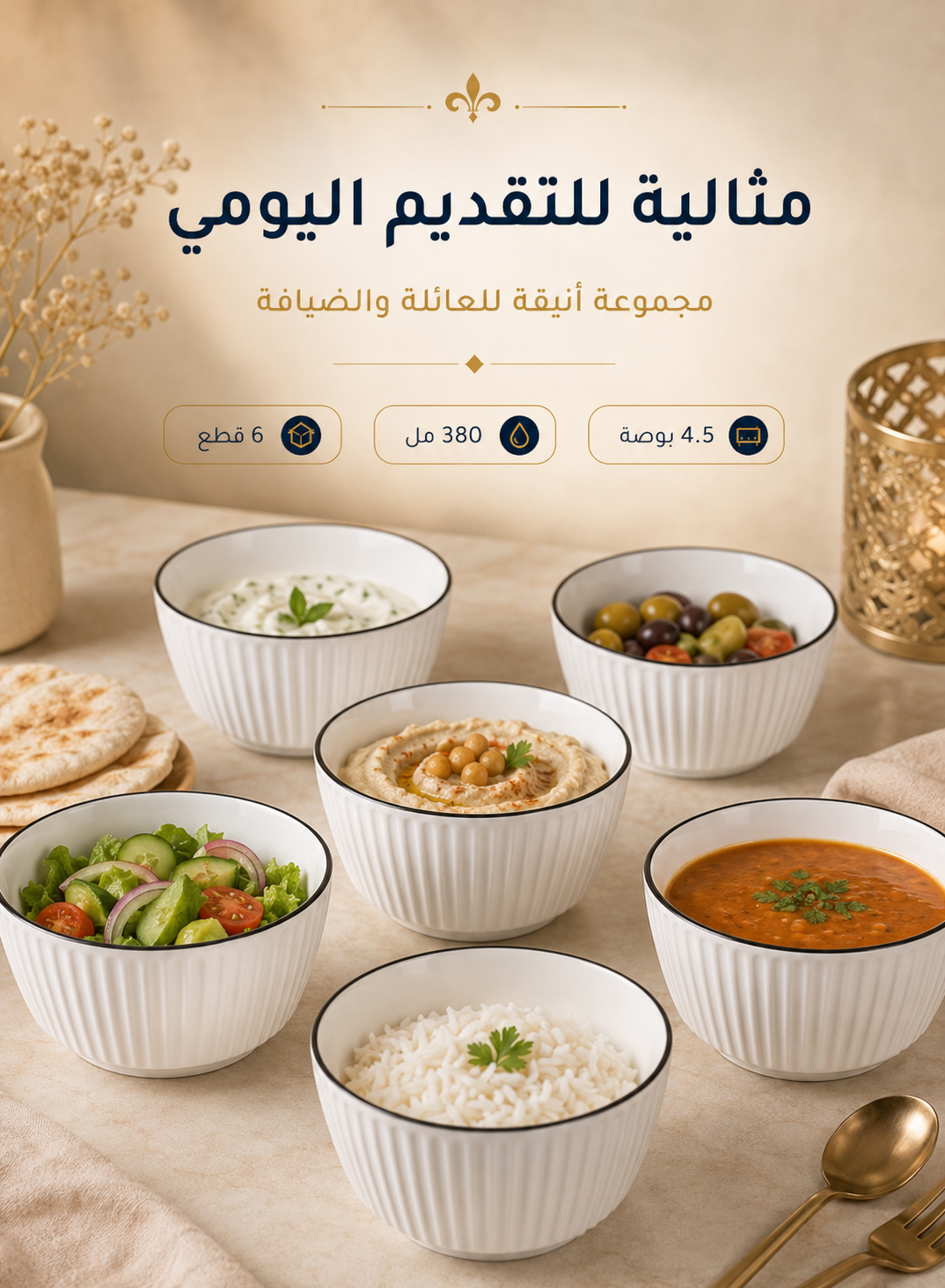 4.5-inch ceramic bowl set (6 pieces), 380ml small bowls, American-style vertical stripe pattern, black rim, suitable for serving rice, noodles, oatmeal, etc., dishwasher and microwave safe—a ceramic bowl set for everyday use.