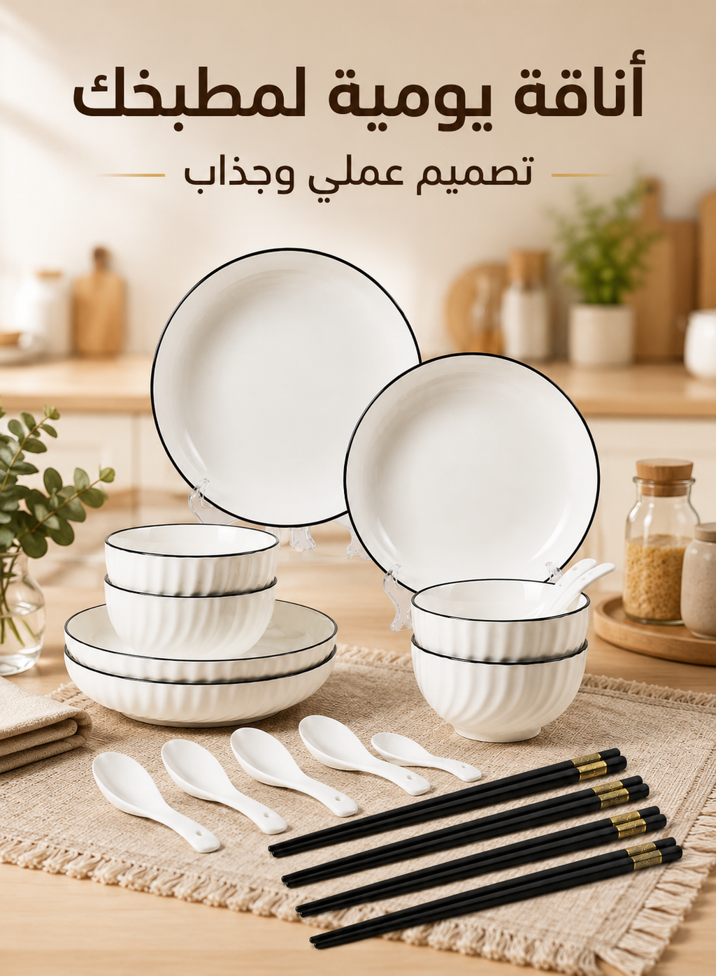 16 Piece Dinnerware Set for 4, Ceramic Rice Bowls and Plates Set of 4, 4.5 Inch Black Rim Rice Bowls with Wave Pattern, 7 Inch Salad Plates with Black Line Design, Spoon and Chopstick Set for Asian Style Kitchen – Microwave and Dishwasher Safe